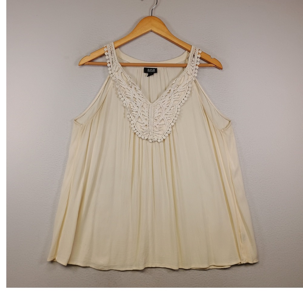 Boho Cottagecore a.n.a Women Large Cream Crochet Lace Trim V-Neck Sleeveless Top